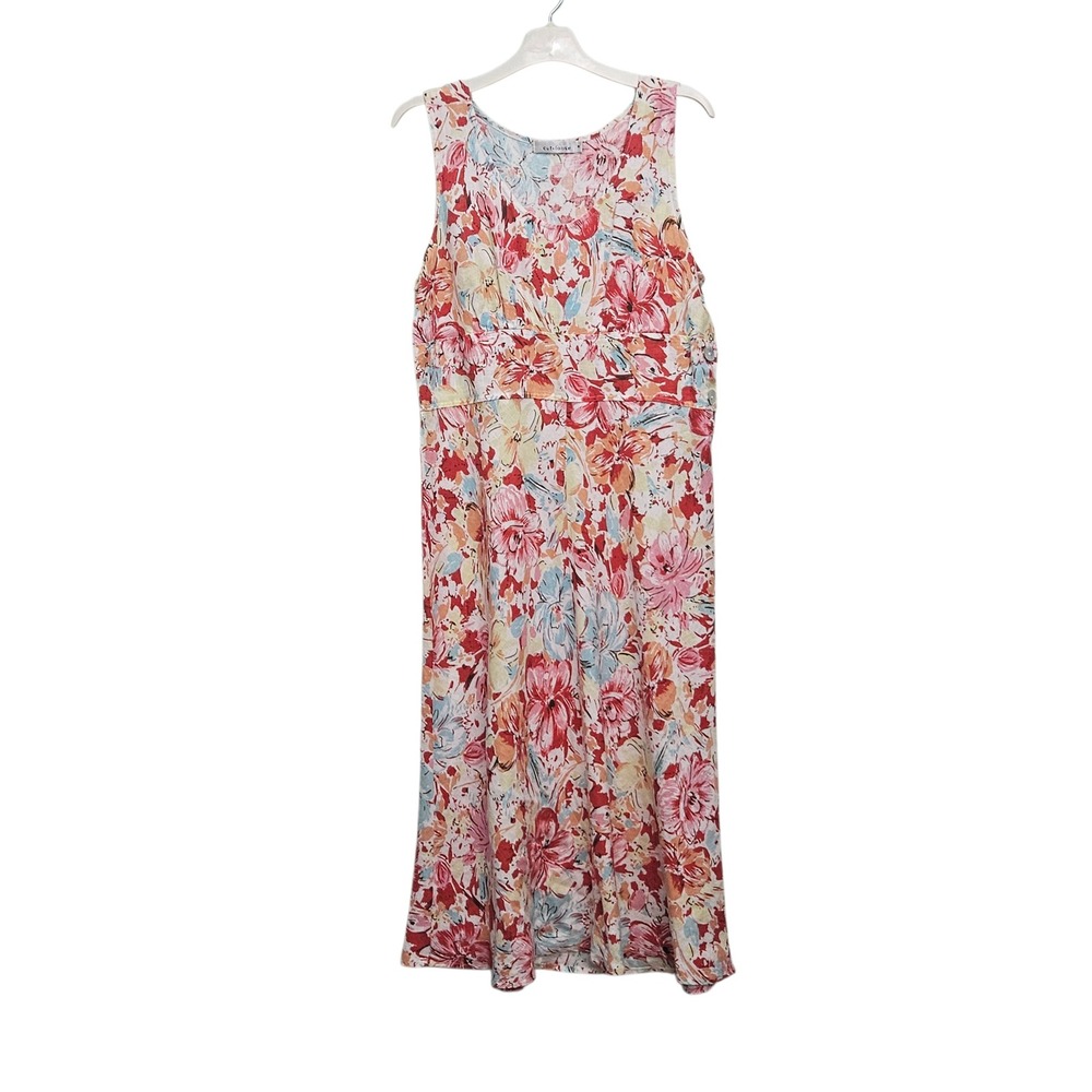 Cut Loose Linen Midi Dress Womens Medium Multi Color Floral Empire Waist Coastal
